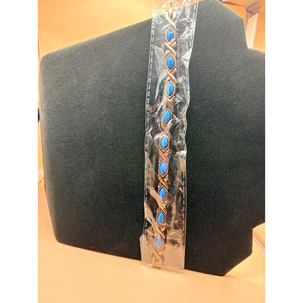 Bracelet with Bronze Colored Link Chain witrh Blue Stones, Adjustable‎